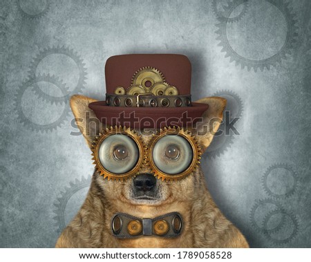 The beige steampunk dog is in a hat, a metal bow tie and glasses. Blue background.