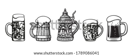 Set of beer mugs. Octoberfest stein. Old wooden mug. Traditional German stein. Dimpled  beer pint. Glass mug with foam.  Vector illustration isolated on white background.
