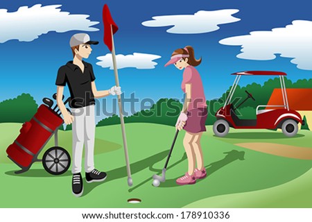 A vector illustration of young people playing golf together