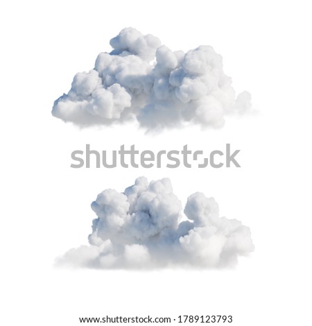 3d render. Shapes of abstract white clouds, clip art isolated on white background. Cumulus different perspective views.