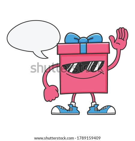 Pink gift box cartoon with sunglasses isolated on white