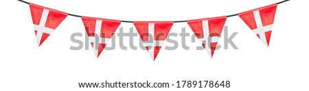 Water color illustration of festive garland with red triangular flag with white Scandinavian cross. Watercolour graphic painting, cutout clip art element for design, banner, print, event invitation.