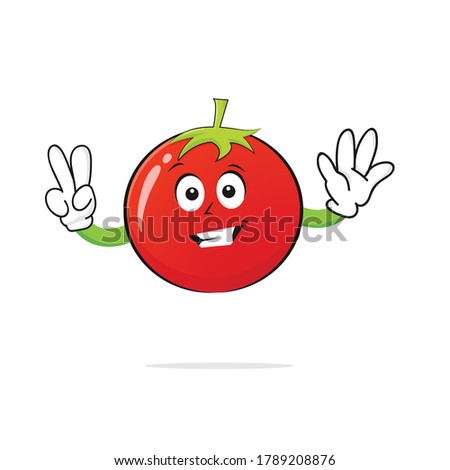 The Tomato character smiles with two fingers up on the white background - vector