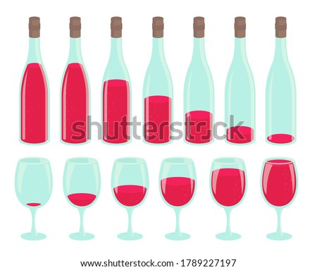 Bottle drinking process. Different amount of beverage. Set of glasses with red drink. Small to large. Animation progression preloader stages vector infographic.