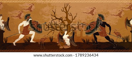 Ancient Greece battle scene. Horizontal seamless pattern. Spartan warriors. Meander circle style. Red figure techniques. Mythology and legends. Greek vase painting concept  Royalty-Free Stock Photo #1789236434