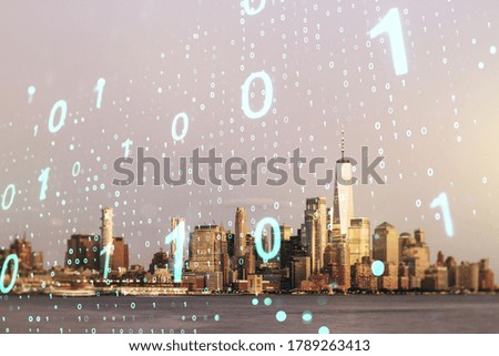 Abstract virtual binary code sketch on Manhattan office buildings background, hacking and matrix concept. Multiexposure