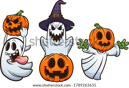 Halloween ghosts and pumpkins with evil smiles. Vector clip art illustration with simple gradients. Each on a separate layer. 
