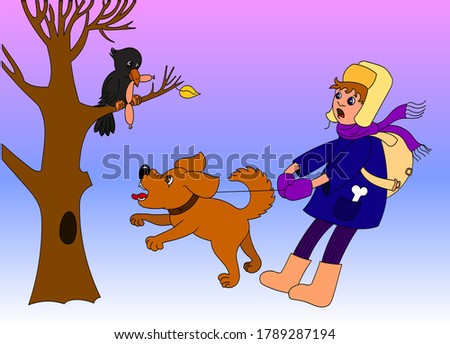 Vector color illustration for children, a boy holding a dog by the leash, a dog barking at a crow in a tree, a crow stole sausages.