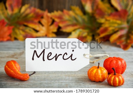 Label, Merci Means Thank You, Pumpkin And Leaves