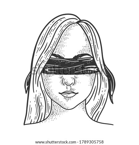 blindfolded girl sketch engraving vector illustration. T-shirt apparel print design. Scratch board imitation. Black and white hand drawn image.