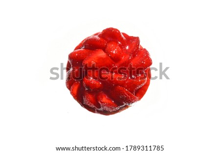 Traditional  strawberry tart on white background as seen from above birds eye view