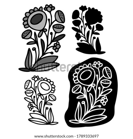 Isolated vector design set of silhouettes lined decorative abstract flowers on white background. The design is perfectly suitable for clothes design, children decoration, stickers, stationary, tattoos