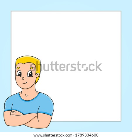 Cute cartoon character with place for text. Strong smiling young man. Hand drawn. Vector illustration isolated on color background. Comic doodle style.