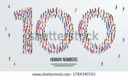 large group of people form to create number 100 or one hundred. people font or number. vector illustration of number 100. Royalty-Free Stock Photo #1789340765