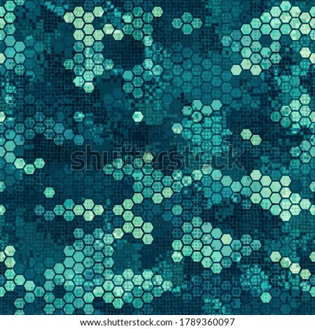 Camouflage seamless pattern with blue hexagonal endless geometric camo ornament. Abstract modern marine military style background. Template for fabric and fashion print. Vector illustration