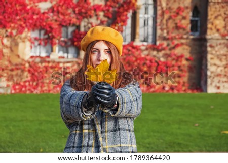Young beautiful woman in yellow beret autumn day on the background of ivy-braided building holding maple leaf. Focus on the leaf