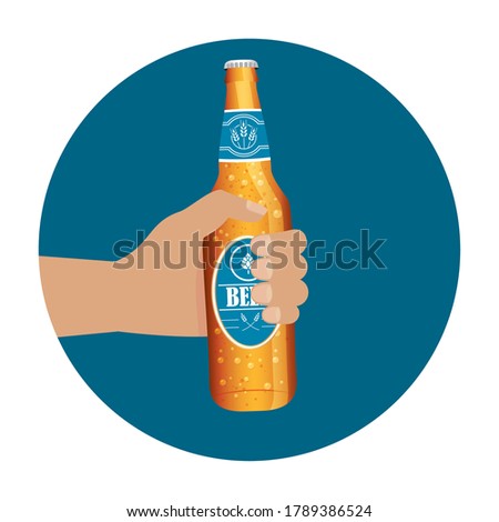 hand holding gold beer bottle design, Pub alcohol bar brewery drink ale and lager theme Vector illustration