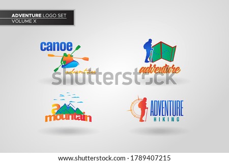 Adventure logo flat vector illustration set. Design element sign logo stamp collection of adventure maps, kayak or canoe, mountain peaks, and the compass behind silhouette hiking man