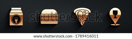 Set Online ordering and delivery, Burger, Slice of pizza and Alcohol or beer bar location icon with long shadow. Vector