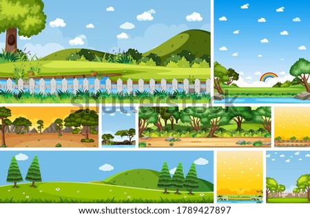 Set of different nature place scene in vertical and horizon scenes at daytime illustration