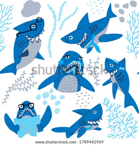 Cartoon baby shark vector clip art drawing. Seamless pattern. T-shirt print. Ocean fish character. Sweet funny animals.