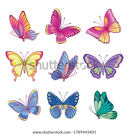 Collection of colorful butterflies. Imitation of watercolor butterflies. Set of decorative, abstract butterflies or moths on a white background.  Isolated illustration for stickers or print. Vector.
