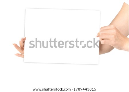 Woman hand card. Hand holding blank business paper card isolated on white background. Layout and mockup for design, place for text, copy space.