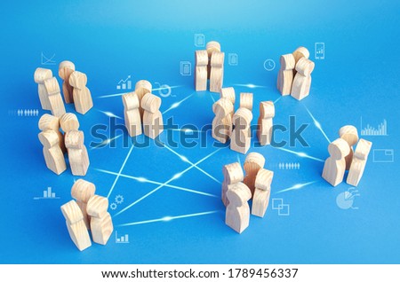 Many related teams in the company do the work in cooperation. Coordination and knowledge sharing. Business model of autonomous groups without middle managers. Self-organization structure innovation Royalty-Free Stock Photo #1789456337