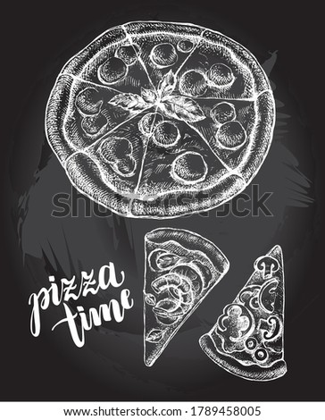Sliced pizza with mozzarella and basil, assorted pizza slices with different ingredients. Vector ink hand drawn illustration. Menu, signboard template.