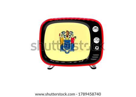The retro old TV is isolated against a white background with the flag of State of New Jersey