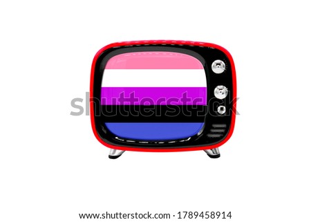 The retro old TV is isolated against a white background with the flag of genderfluid