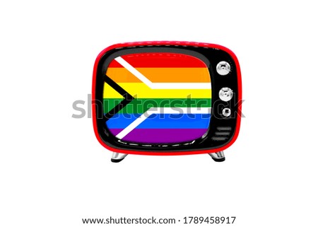 The retro old TV is isolated against a white background with the flag of Gay pride Flag of South Africa