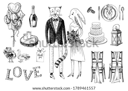 Hand drawn animals hipsters couple with wedding accessories. Wedding graphic set. vector illustration in retro style