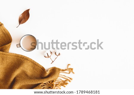 Autumn composition. Cotton flowers, plaid, cup of coffee on white background. Autumn, fall concept. Flat lay, top view Royalty-Free Stock Photo #1789468181