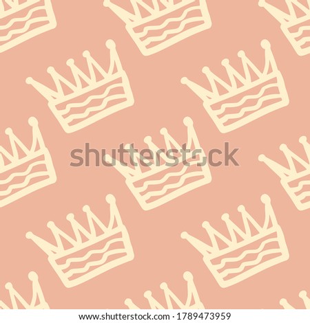 Outline crown hand drawn ornament seamless pattern. Light contoured elements on pastel soft pink background. Great for wrapping paper, textile, fabric print and wallpaper. Vector illustration.