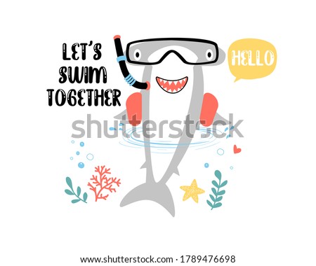 Cute shark vector illustration for t-shirt design with slogan. Vector illustration design for fashion fabrics, textile graphics, prints.