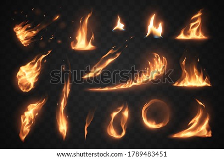 Set of fire flames elements on transparent background