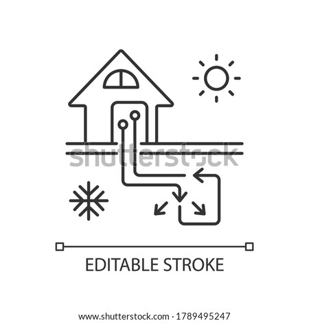 Geothermal heating and cooling system linear icon. Sustainable house conditioning thin line customizable illustration. Contour symbol. Vector isolated outline drawing. Editable stroke Royalty-Free Stock Photo #1789495247