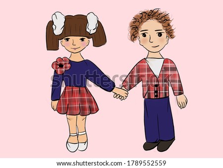 Kids going to school. A boy and a girl holding hands on a pink background. Back to school concept. Wearing a stylish modern uniform in a plaid print. Raster illustration in a cartoon style.
