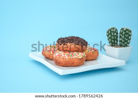 Sweet doughnut cake stacks, there are cactus tree accessories set in a light blue background