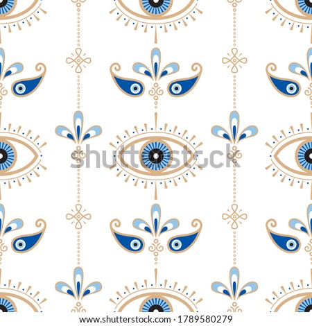 Evil eye vector seamless pattern. Magic, witchcraft, occult symbol, line art collection. Hamsa eye, magical eye, decor element. Blue, white, golden eyes. Fabric, textile, giftware, wallpaper. Royalty-Free Stock Photo #1789580279