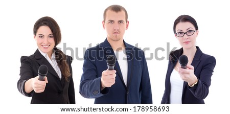 news reporters or journalists interviewing a person holding up the microphones isolated on white background