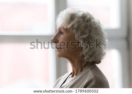 Side profile view face of elderly serious grey haired female standing indoors near window. Age-related natural changes aging process of women, geriatrics branch of medicine, senile diseases concept Royalty-Free Stock Photo #1789600502