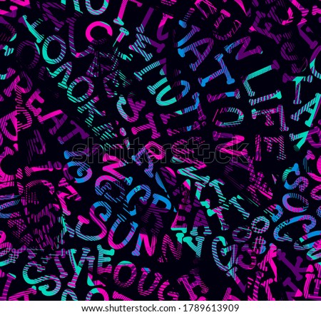 Abstract seamless lettering pattern. Words repeat ornament. Colorful text repeated print for fashion textile, girlish clothes, wrapping paper.