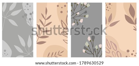 Set of backgrounds with abstract shapes and leaves. Ideal for social media platforms (posters, banners, stories). Pastel colors - blue and beige. Vector flat design.