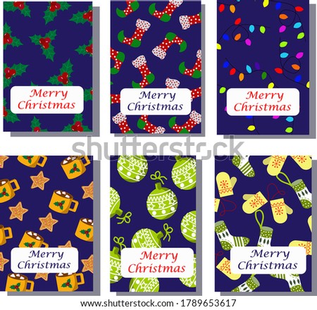 Template set of six cards Merry Christmas and Happy New Year. Vector illustration on a blue background. For congratulations, packaging, invitations.