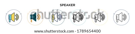 Speaker icon in filled, thin line, outline and stroke style. Vector illustration of two colored and black speaker vector icons designs can be used for mobile, ui, web
