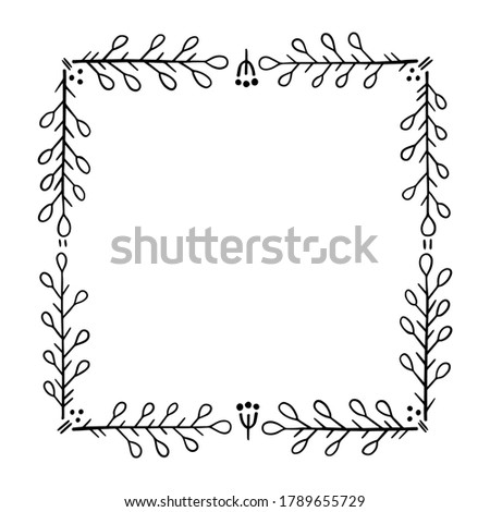 Square frame for text decoration in doodle style. Natural style, branches, plants, flowers. Black outline on a white background.