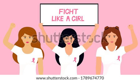 National Breast Cancer Awareness Month. Women raised fists. Banner Fight like a girl
