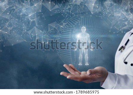 Doctor hand show a hologram of the patient on a blurred background. Royalty-Free Stock Photo #1789685975